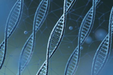 Genetik mühendisliği ve gen konsepti için DNA sarmalları, molekül veya atom, bilim veya medikal arkaplan için soyut yapı, 3D görüntüleme