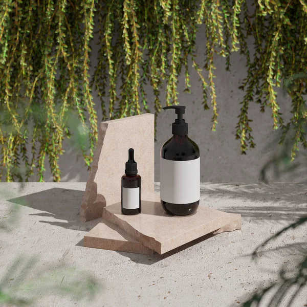 Two cosmetic bottles sits on broken slabs of beige marble stacked on a concrete floor. blur the bushes behind. 3D rendering