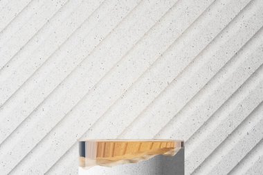 Turuncu cam kaplamalı beyaz taş palet ve beyaz çimento arka plan. Ürün sunumu için soyut arkaplan. 3B illüstrasyon