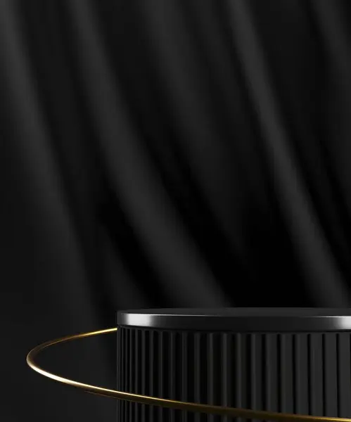 Zwarte Cilindrische Pallet Gouden Ringen Een Zwart Fluwelen Achtergrond Abstracte Rechtenvrije Stockfoto's