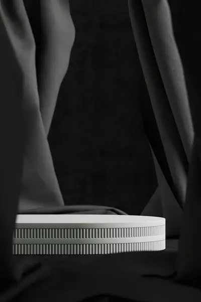 Witte Cilindervormige Pallet Een Zwart Fluwelen Gordijn Achtergrond Abstracte Achtergrond Rechtenvrije Stockfoto's