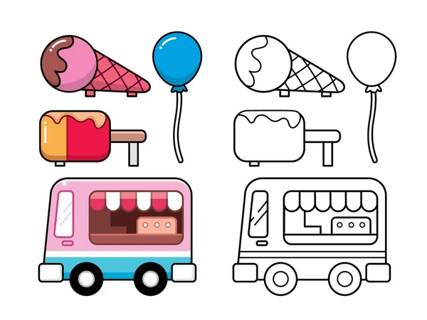Ice cream truck icon set. Outline, colored and black version. Cute cartoons and characters are designed with a black-and-white outline.