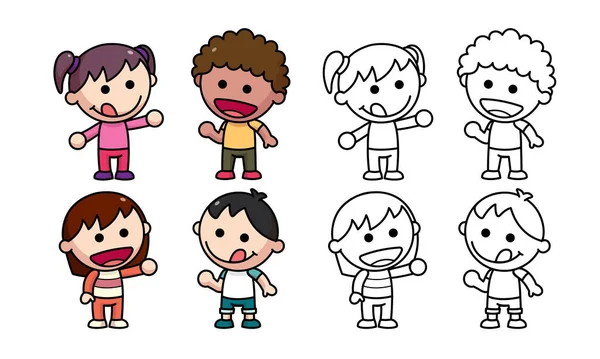 Cartoon boy and girl with different expressions. Cute cartoons and characters are designed with a black-and-white outline.