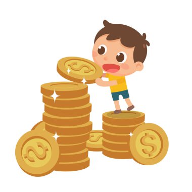 Lovely kid saving money coins-a child stands on the coins and holds a coin. A flat illustration.