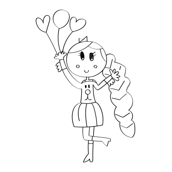 Cute Cartoon Character Girl Smiling Holding Balloons Drawing Doodle Line — Stock Photo, Image