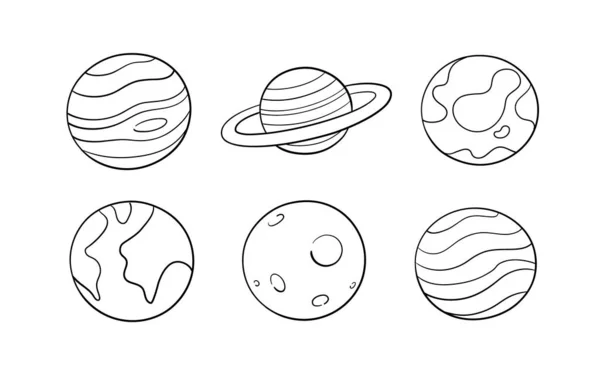 Cute Planets Education Symbols Drawing Doodle Line Art Style Set — Stock Photo, Image