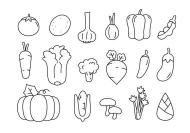 Cute doodle vegetable cartoon icons and objects. Vegetable line icon setblack and white illustration.