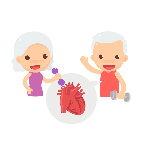Cute characters of couple old man and old woman in strong and healthy actions with heart symbol in the bubble. Old people cardiovascular exercise.