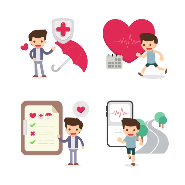 Set of people with health care icons. Illustration in flat style. Cute man character in the different theme of health care concept.