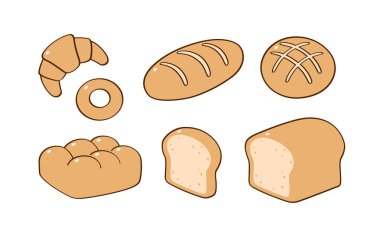 Beyaz bir arka planda taze pişmiş ekmek seti. Bu set kruvasan, baget ve donut gibi çeşitli ekmekleri içerir..