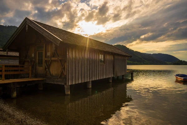 Colibă Lemn Lacul Schliersee Apusul Soarelui — Fotografie, imagine de stoc