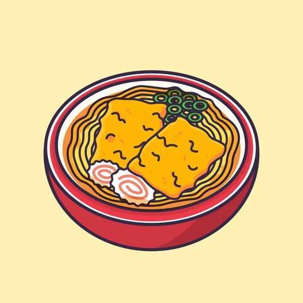 Udon Japonais Avec Nouilles Croustillantes Tofu Fermer Vecteur Dessin Animé — Image vectorielle