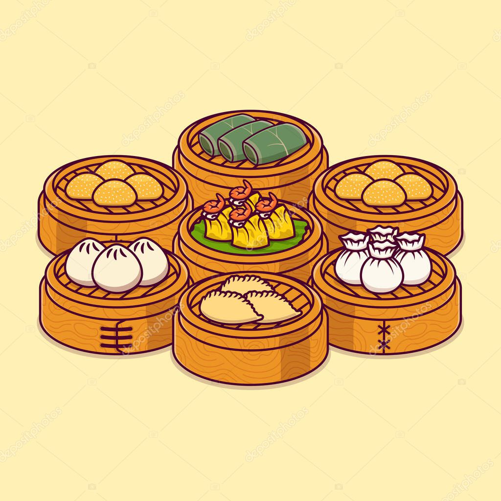 Set of steamed dimsum in a bamboo steamer basket isolated cartoon vector