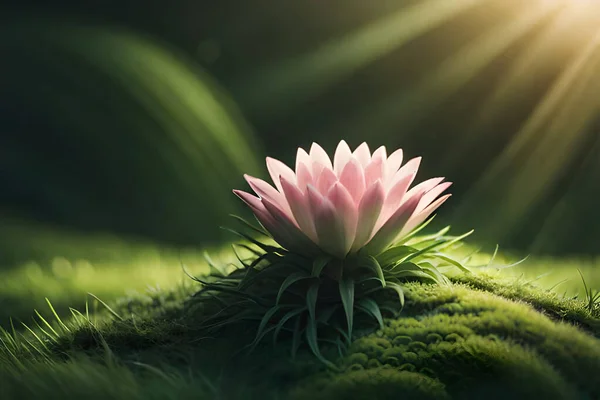 Цветок Розового Лотоса Зеленой Траве Солнечном Фоне — стоковое фото