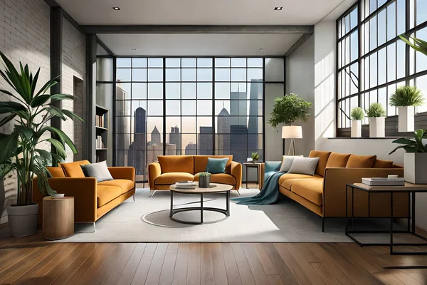 Modern Living Room Interior Design Orange Sofa Coffee Table City — Stock Photo, Image