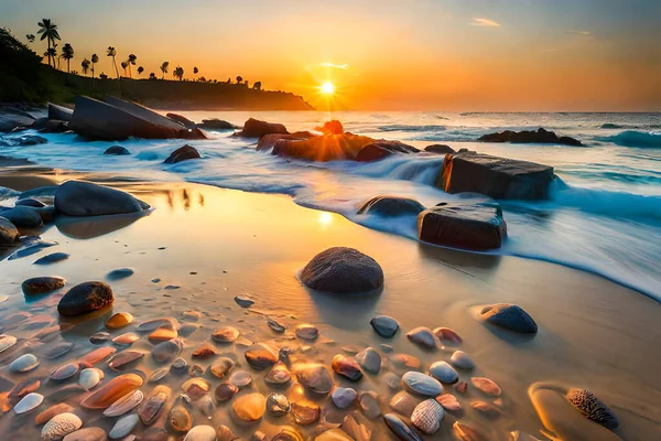 Hermoso Paisaje Marino Con Piedras Playa Atardecer — Foto de Stock