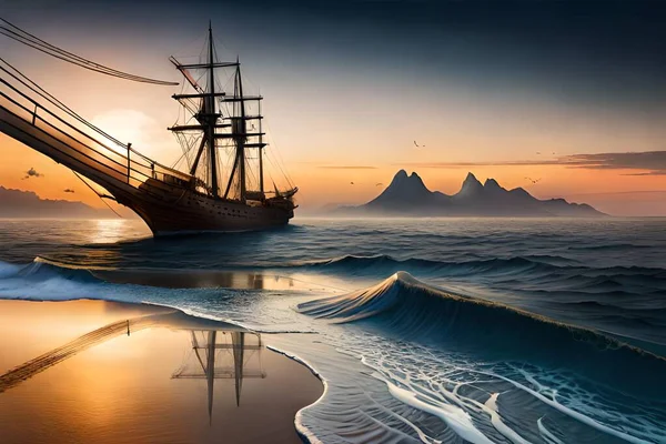 Statek Piracki Morzu Zachodzie Słońca — Zdjęcie stockowe