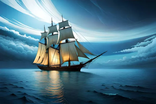 Sailing wooden ship in the sea