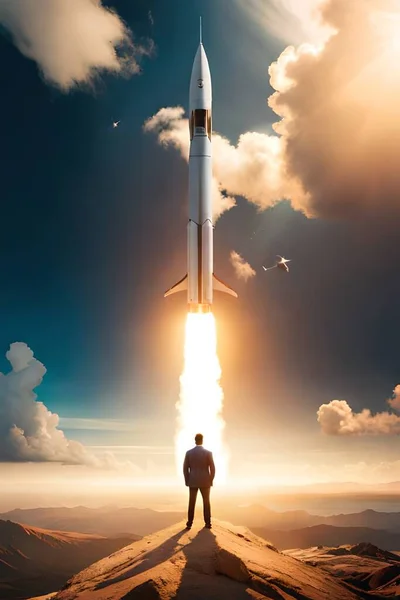 木製のプラットフォームに立って空のロケットを見ているビジネスマン — ストック写真