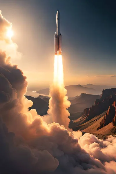 山の上を空高く飛ぶ宇宙ロケット — ストック写真