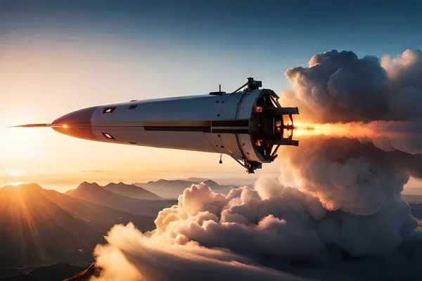 日没時に雲の上を飛ぶスペースシャトル — ストック写真