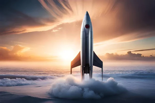ロケットが雲の中を離陸する 3Dレンダリング 概念像 — ストック写真