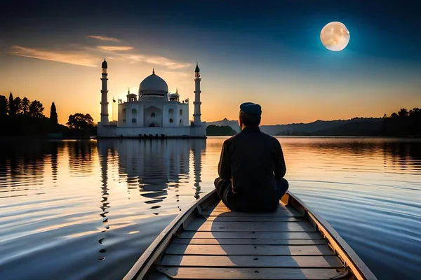 Uomo Seduto Una Barca Remi Guardando Tramonto Sul Taj Mahal — Foto Stock