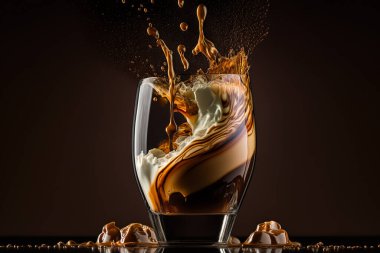 Siyah zemin üzerinde buz küpleri olan bir bardak kahve.