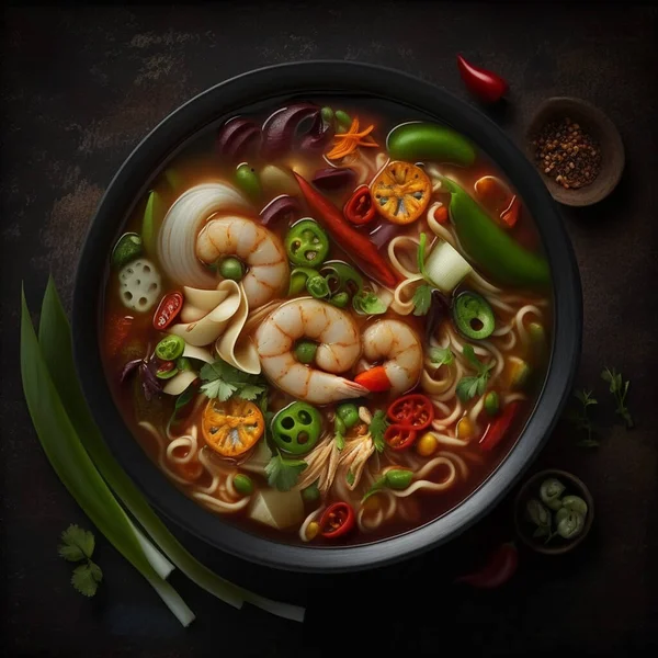 Blick Von Oben Auf Köstliche Asiatische Suppe Mit Garnelen Und — Stockfoto