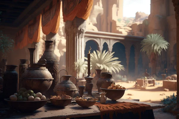 モロッコのテーブルの上にあるヴィンテージの粘土の花瓶と陶器 — ストック写真