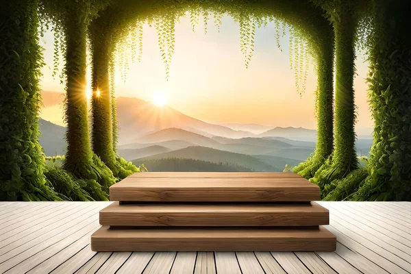 Holztisch Mit Holzboden Und Himmelshintergrund — Stockfoto