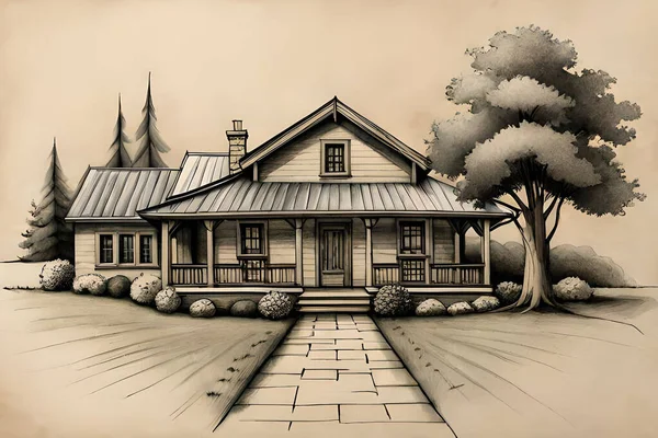Darstellung Eines Schönen Hauses Mit Holzdach — Stockfoto