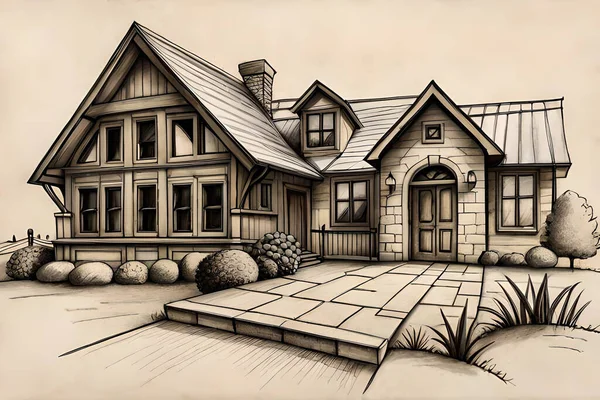 Rendering Eines Hauses Mit Holzdach — Stockfoto