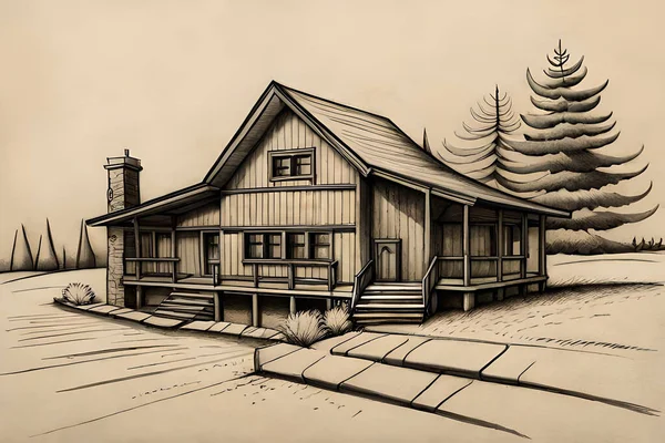 Schönes Haus Und Holzscheune Ländliche Szene Illustration — Stockfoto