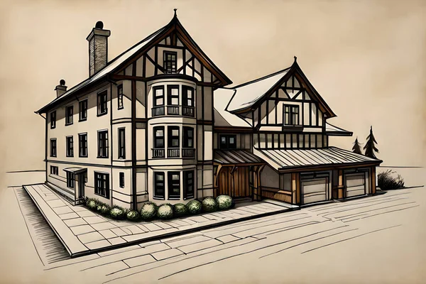 Ескіз Будинків Дерев Яному Будинку — стокове фото