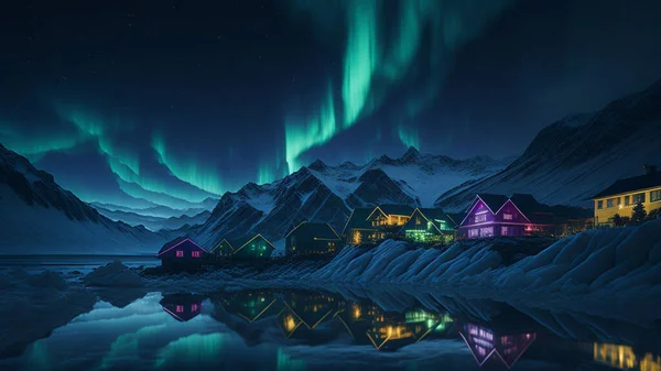 Paesaggio Montano Nordico Con Cielo Arcobaleno Stelle — Foto Stock