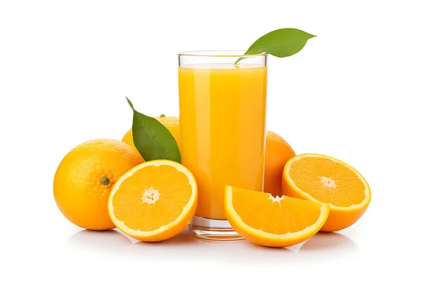 fresh orange juice and fruits with leaves isolated on white