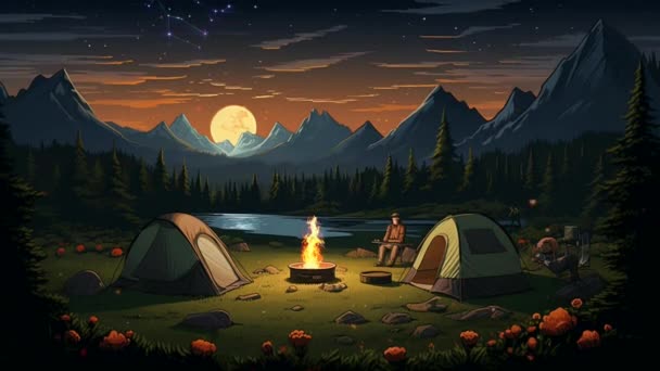 森林中篝火连绵的露营氛围和湖边动画视频 — 图库视频影像