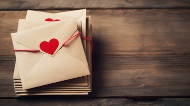 Ahşap arka planda kalpleri olan zarflar. Sevgililer Günü Kutlaması