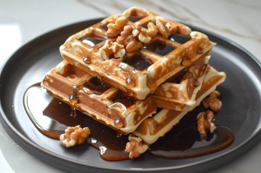 Çikolatalı Belçika waffle 'ı ve siyah tabakta ceviz.