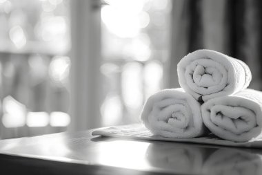 Otel odasındaki masada beyaz havlular.