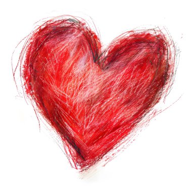 Beyaz arkaplanda kırmızı kalp kalem çizimi