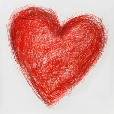 Beyaz arkaplanda kırmızı kalp kalem çizimi