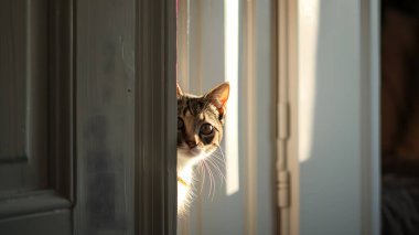 Güneşli bir günde pencereden dışarı bakan kedi.