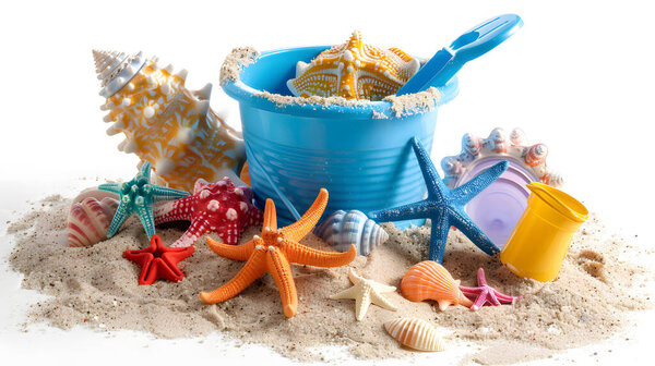 Starfish, seashells and bucket with sand on white background