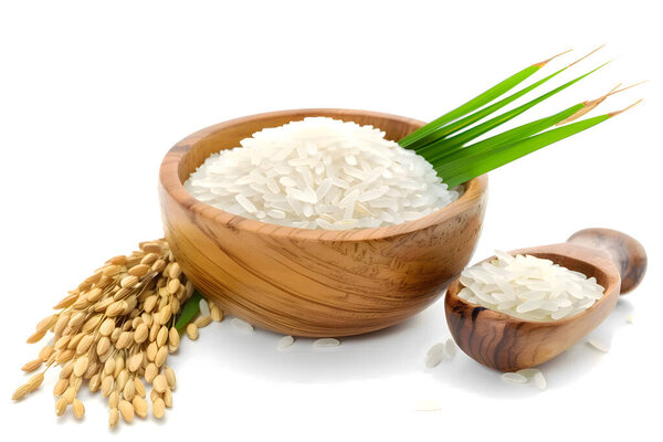 Rice in a wooden bowl isolated on white background close up