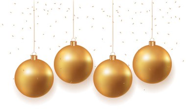 Noel altın topları ve beyaz arka planda düşen konfeti. Altın gerçekçi Noel oyuncakları. Kurdeleli süs eşyaları asmak. Şenlikli sim tasarım elementleri. Vektör illüstrasyonu EPS 10