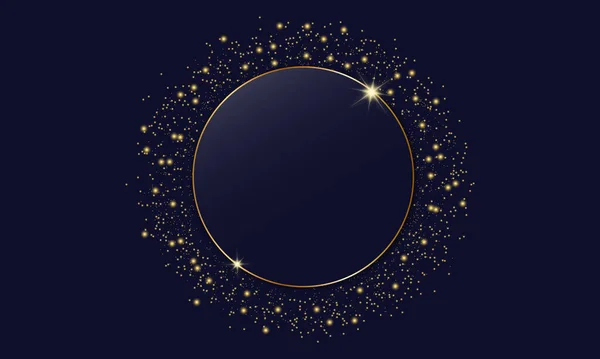 光沢のあるゴールデンフレーム 暗い背景にモダンなラグジュアリーダークブルーの形状とゴールドグリッターゴールドリング ゴールデンサークル抽象的な背景 ベクター Eps — ストックベクタ