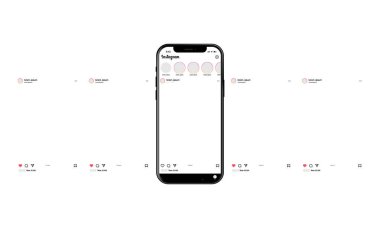 Apple Iphone modelinde Instagram mobil uygulama arayüzü şablonu. Saydam arkaplanda fotoğraf atlıkarınca şablonu. Editoryal vektör illüstrasyonu EPS 10