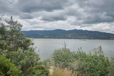 Yeşilliklerle çevrili gölün güzel bir görüntüsü.